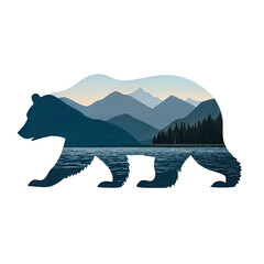 Silhouette of a Bear with Mountain, Forest and Lake Landscape Inside