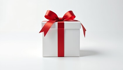 White gift box with red ribbon and bow celebration