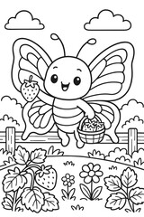 Butterfly carrying basket of strawberries in garden coloring page vector