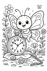 Butterfly sitting on a clock surrounded by flowers in a whimsical design