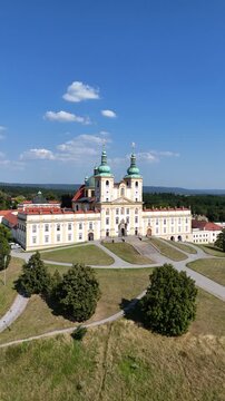 Drone aerial view of Svat&yacute; Kopeček Basilica, Olomouc, Czech Republic