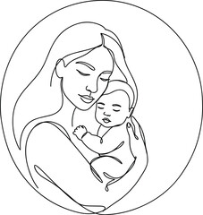 One line drawing of mother holding baby in arms, minimalist vector illustration symbolizing motherhood, maternal love, family care, and parenting.