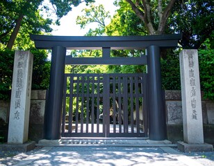 Dark gate, lush greenery, stone pillars