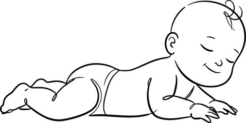 Cute baby sleeping on stomach line art illustration, adorable infant resting peacefully, perfect for nursery, parenting, and children&rsquo;s designs.