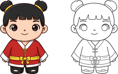 Cute cartoon girl in traditional Asian hanbok dress with coloring book version. Kawaii child character vector illustration for kids.
