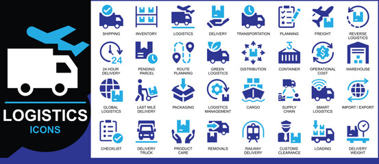 Logistics icons vector design, Supply chain management for goods delivery, Logistics is the systematic planning and coordination of the goods, data, resources and information.