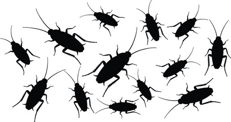 Cockroach silhouette vector set. Black insect icons in different positions, pest control concept, bug infestation illustration for extermination design. © Zahid Creatives