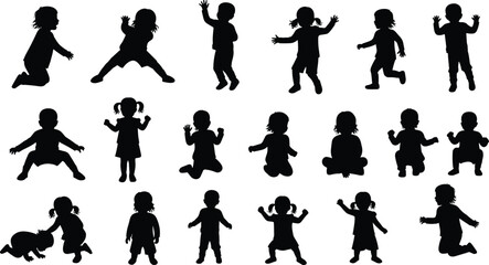 Set of baby and toddler silhouettes. Children sitting, crawling, standing, playing. Vector illustration for childhood, parenting, family, development, education, health.