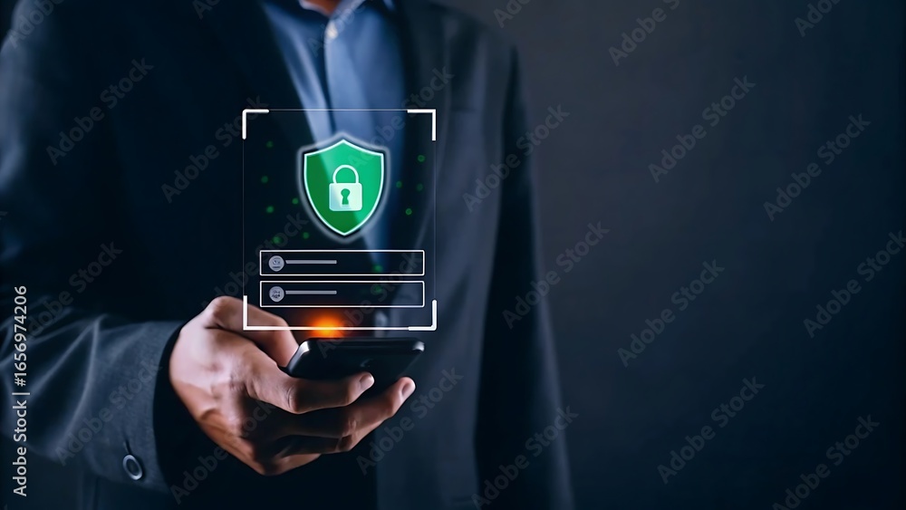 Poster digital login security and authentication concept. businessman with mobile account sign in, password