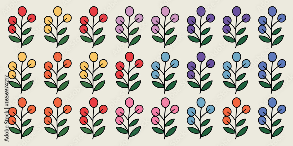 Poster pattern of colorful berry branches with green leaves arranged in rows on a light beige background