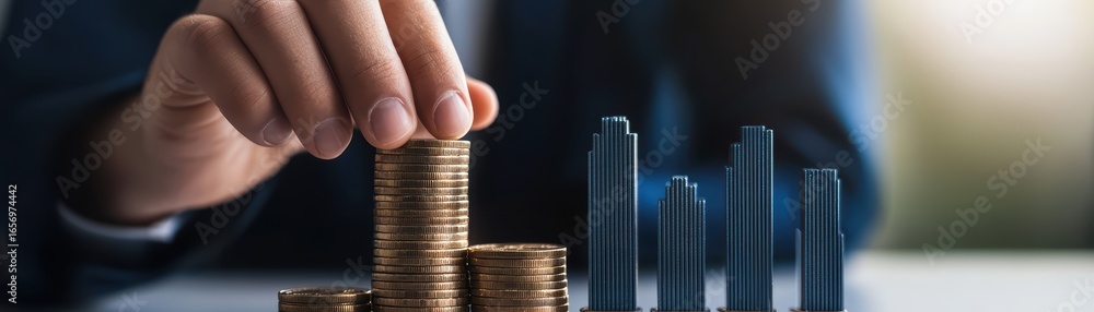 Aufkleber hand stacking coins next to a graph representing financial growth and investment in a business conte