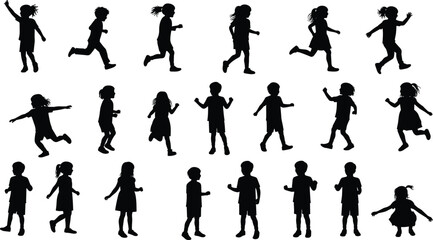 Children silhouettes running, walking, standing, and playing in various poses. Kids activity vector set for school, sports, and childhood design.