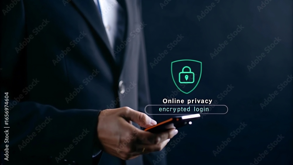 Poster digital login security and authentication concept. businessman with mobile account sign in, password