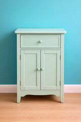 Light green painted wooden cabinet with a drawer and two doors isolated on white background isolated on transparent background silhouette