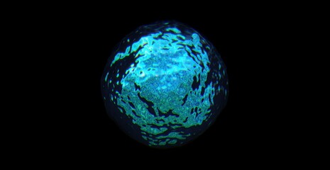 A captivating view of a cosmic gem or planet, glowing with turquoise light against the darkness