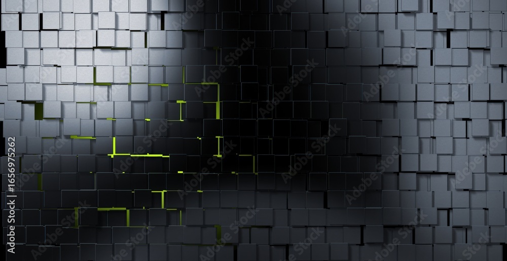 Poster an abstract composition of a textured wall made of dark, irregularly arranged square blocks with hin