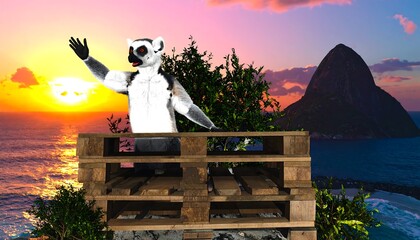 A lemur stands on a wooden pallet overlooking a stunning sunrise over the ocean and a dramatic mountain.