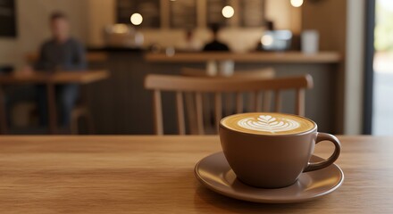 Fototapeta premium Perfect Latte Art Coffee at Cozy Cafe Table with Warm Lighting