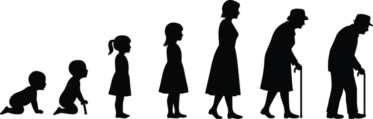 Human life stages silhouette from crawling baby to child, adult woman, elderly woman, and old man with cane, aging illustration