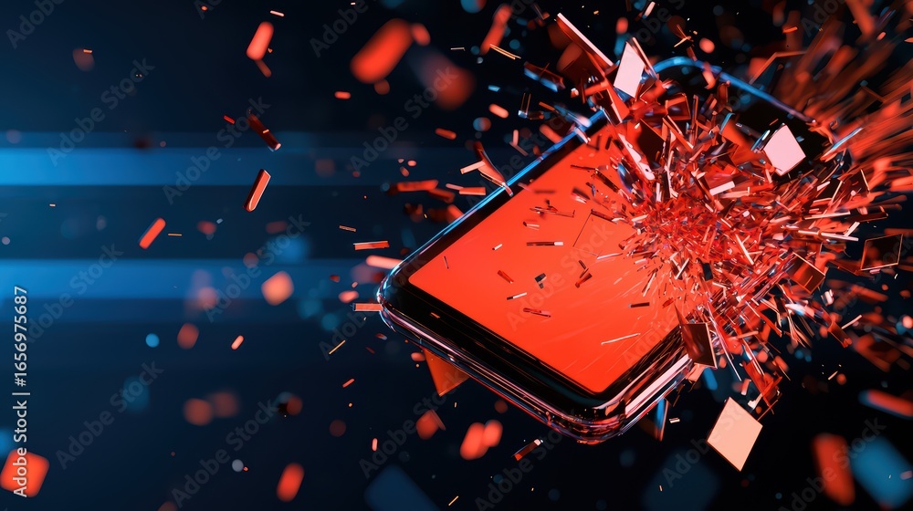 Poster dynamic explosion of smartphone display with red color and shattered elements in a modern digital en