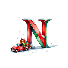 Festive red and green letter N with snow and truck carrying gifts, evoking holiday cheer