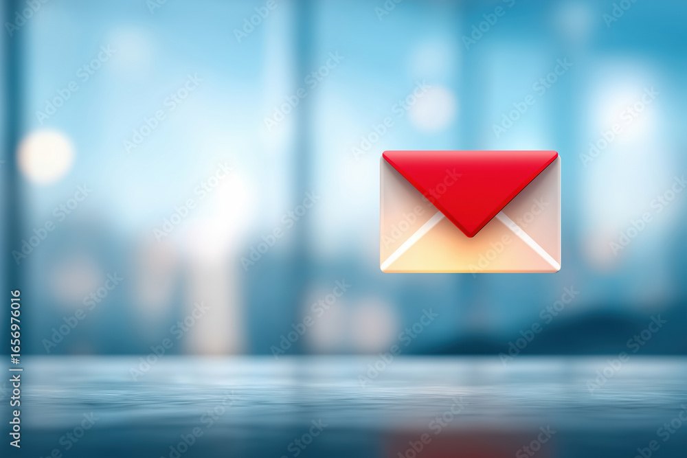 Poster floating envelope symbolizing digital communication in modern office setting