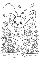 Fototapeta premium Cute butterfly sitting on leaf in a garden coloring page illustration