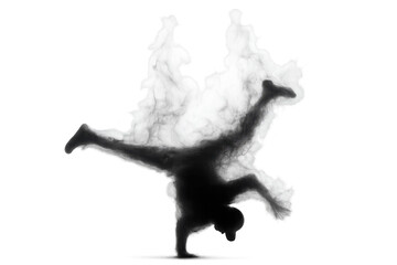 Breakdancer performing freeze move with smoke effect on transparent background
