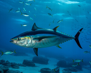 Obraz premium Tuna fish swims in deep blue ocean water with rocky seabed