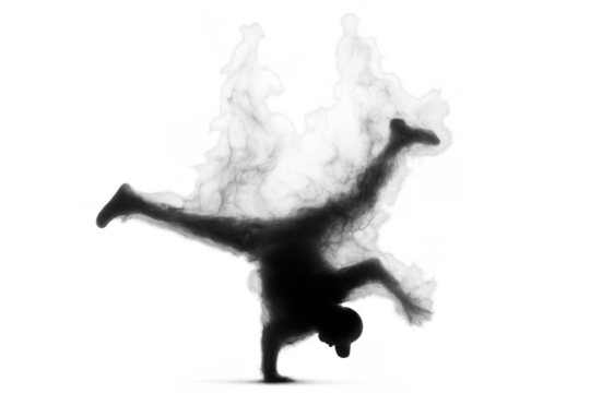 Breakdancer performing freeze move with smoke effect on transparent background