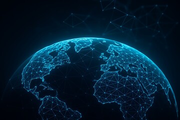 Futuristic glowing digital globe with network connections forming geometric grid across continents representing technology innovation global communication cyberspace and worldwide data connectivity