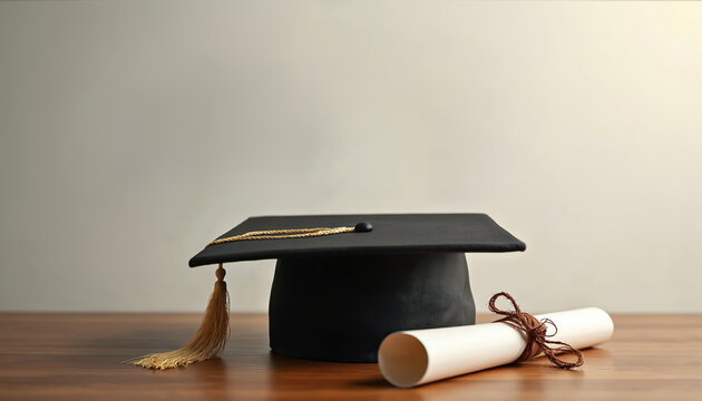 Graduation cap, diploma with tassel on wood table. Black mortarboard with gold tassel, rolled certificate tied with twine. Represents academic achievement, education milestones, commencement ceremony.