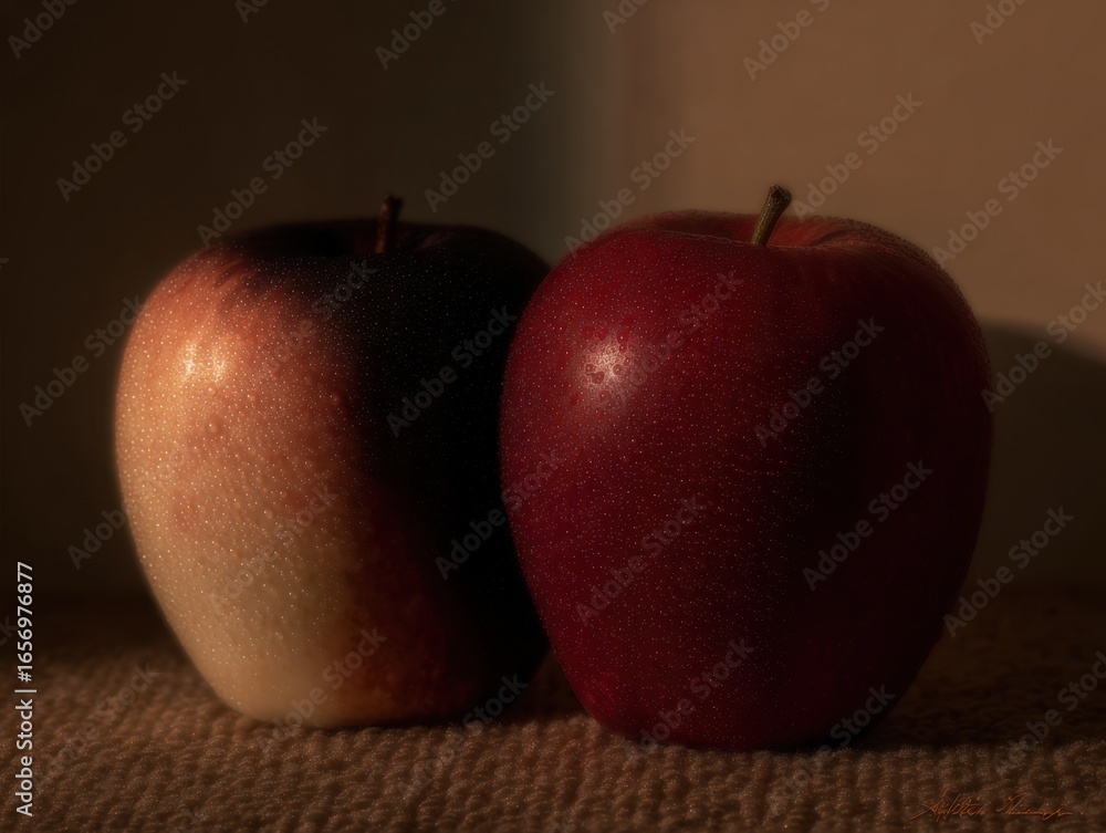 Poster two apples with a shiny red surface. the apples are placed on a table