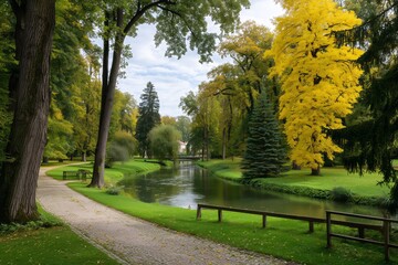 Obraz premium Scenic park path next to a tranquil river lined with colorful autumn trees. Beautiful fall season landscape. Nature background.