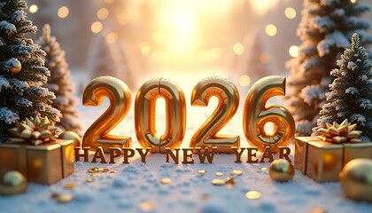 Golden balloons and festive trees celebrate new year celebration snow