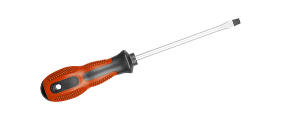 A flathead screwdriver with a Brown black handle is designed for construction work. Its durable build ensures efficiency in tough conditions on isolated white background close-up