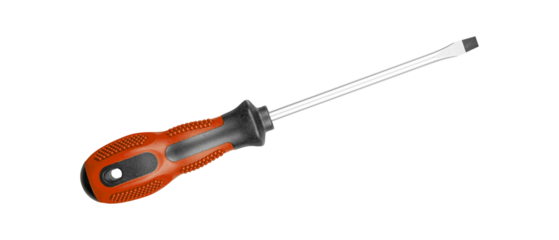 A flathead screwdriver with a Brown black handle is designed for construction work. Its durable build ensures efficiency in tough conditions on isolated white background close-up
