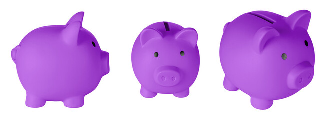 Set Piggy bank pig Purple, violet color on isolated white background close up