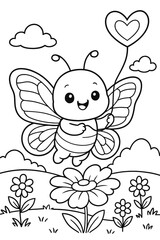 Cute cartoon butterfly with heart balloon flying over a flower field
