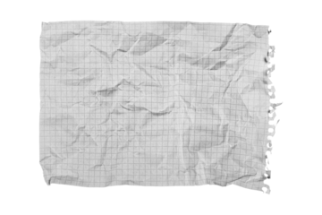 A crumpled torn checkered paper on a white background suits creative and recycling projects. Its textured, rugged look adds a unique appeal for artistic designs.