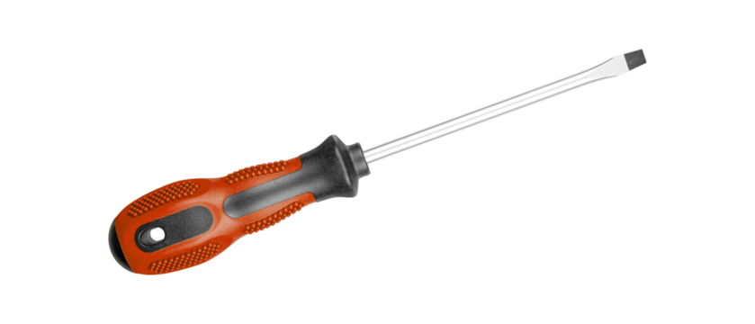 A flathead screwdriver with a Brown black handle is designed for construction work. Its durable build ensures efficiency in tough conditions on isolated white background close-up