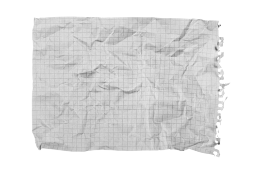 A crumpled torn checkered paper on a white background suits creative and recycling projects. Its textured, rugged look adds a unique appeal for artistic designs.