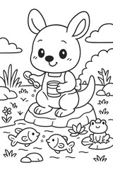 Cute kangaroo character feeding fish in a pond coloring page illustration