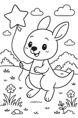 Cute kangaroo holding star balloon in a whimsical nature illustration