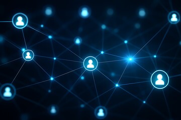 Futuristic digital network with interconnected glowing nodes and user icons, symbolizing global connectivity, social media, blockchain technology, and advanced communication systems