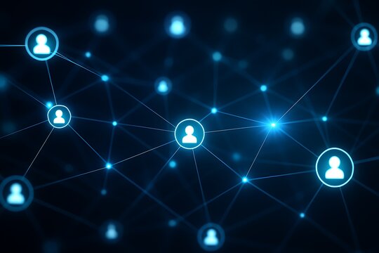 Futuristic digital network with interconnected glowing nodes and user icons, symbolizing global connectivity, social media, blockchain technology, and advanced communication systems