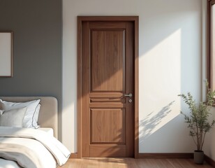 Natural wood interior door with classic panel design. Warm brown finish complements modern home decor. Smooth surface, silver handle, and subtle wood grain visible.