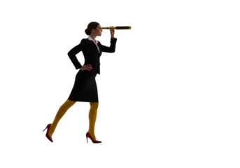 Businesswoman looking through a telescope, isolated on transparent background