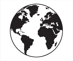 World Globe Black and White Silhouette Showing Continents – Minimalist Earth Icon Design