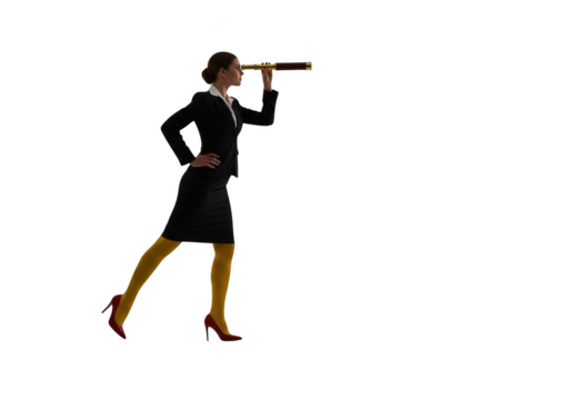 Businesswoman looking through a telescope, isolated on transparent background